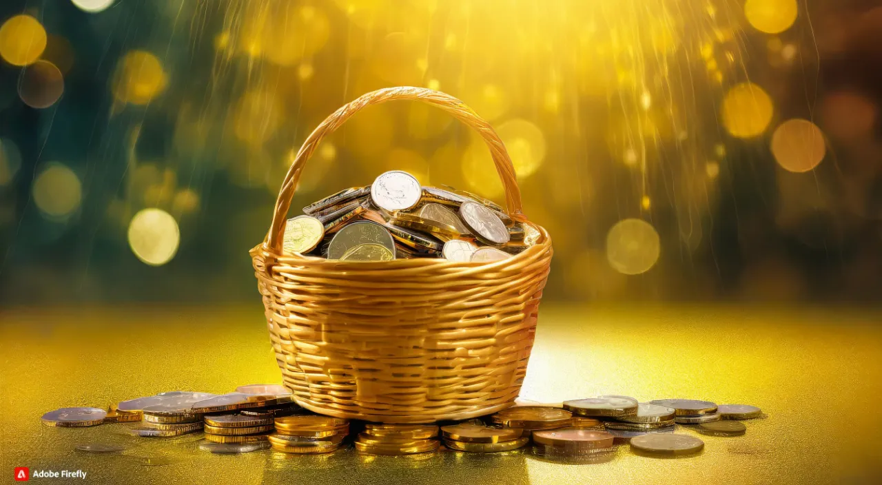 a basket filled with coins sitting on top of a table