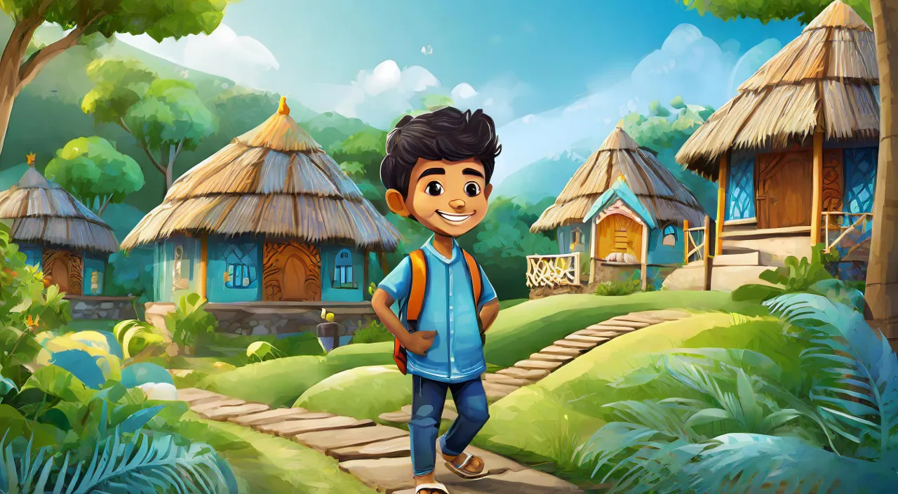 a boy is walking in front of some huts