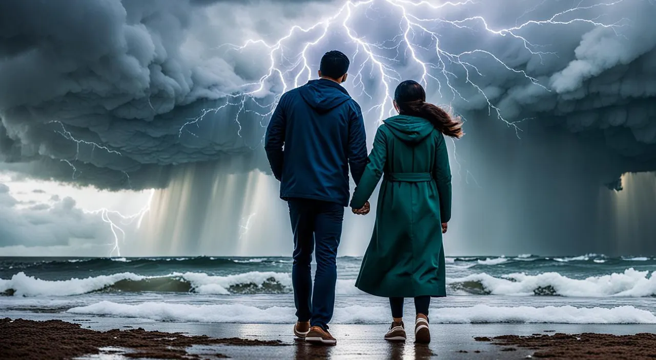 a man and a woman holding hands under a storm