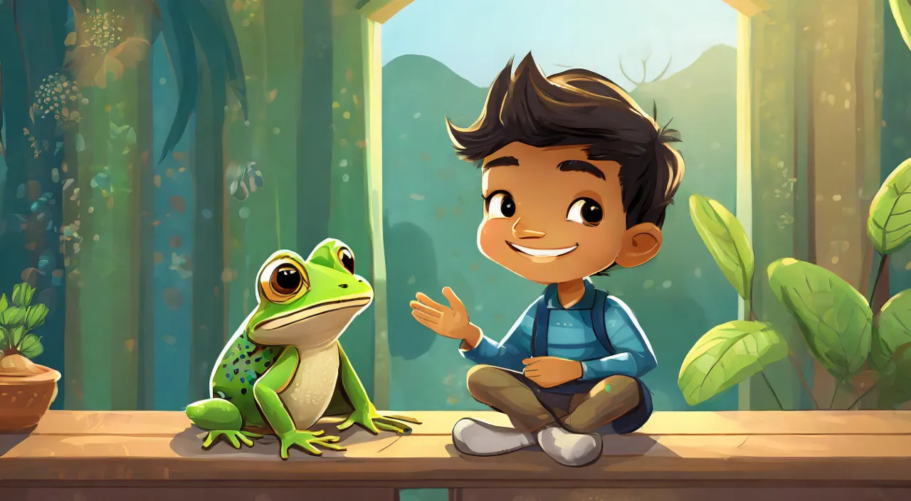 a boy sitting on a table next to a frog