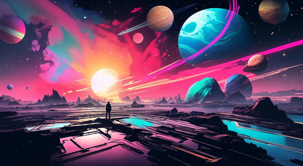 a painting of person standing in front of planets in the sky