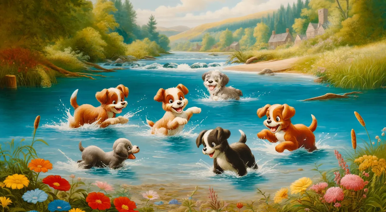 a painting of a group of dogs playing in a river