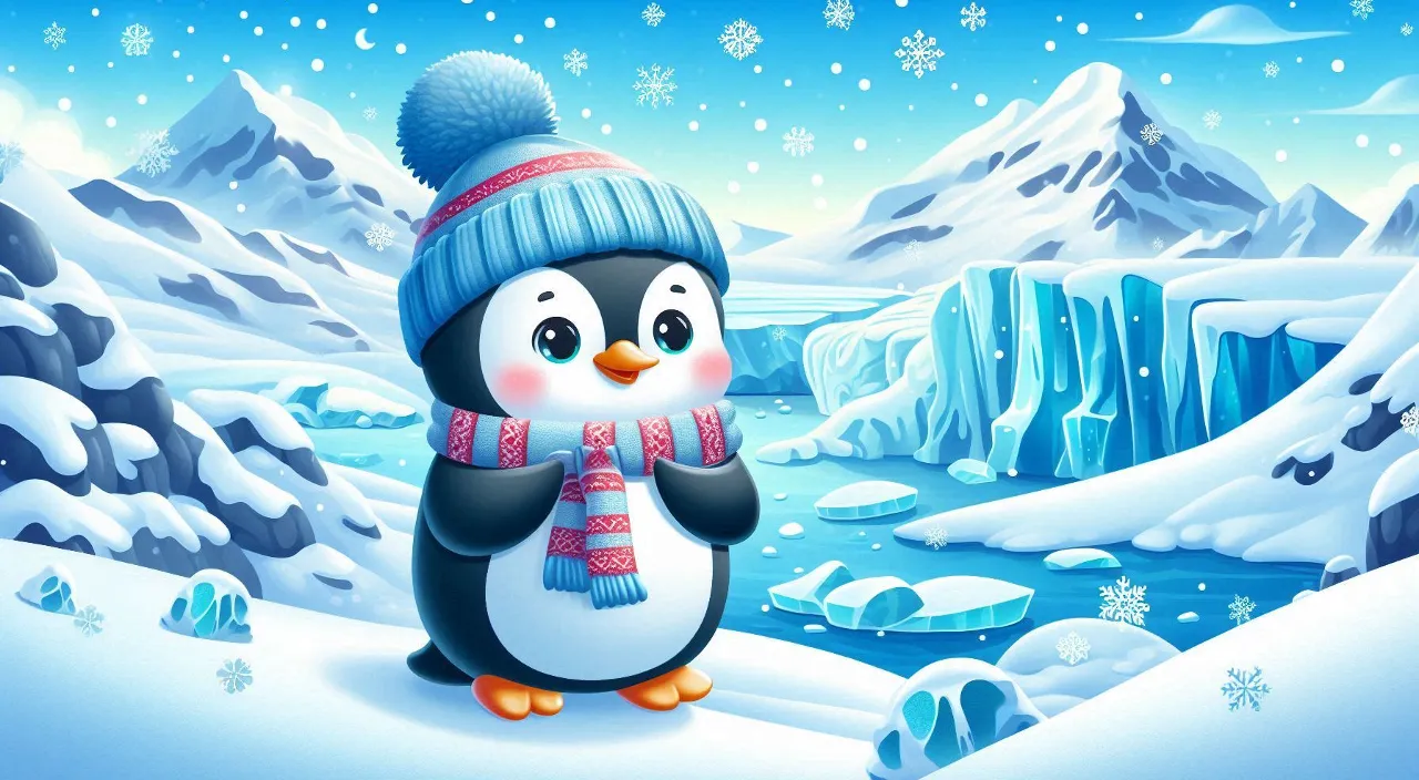 a penguin wearing a hat and scarf standing in the snow