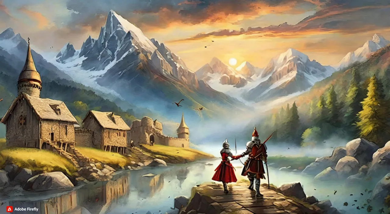 a painting of two people walking towards a castle