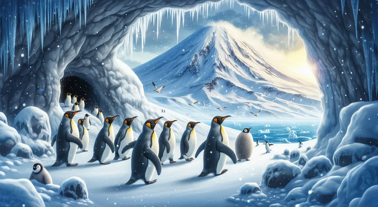 a group of penguins walking through a ruin cave