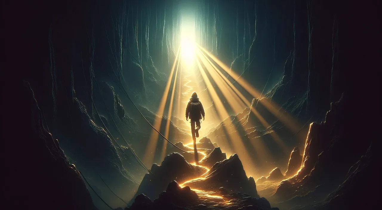 a person standing in a cave with a light coming from it