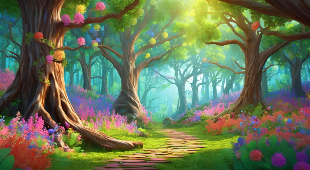 a painting of a path through a forest