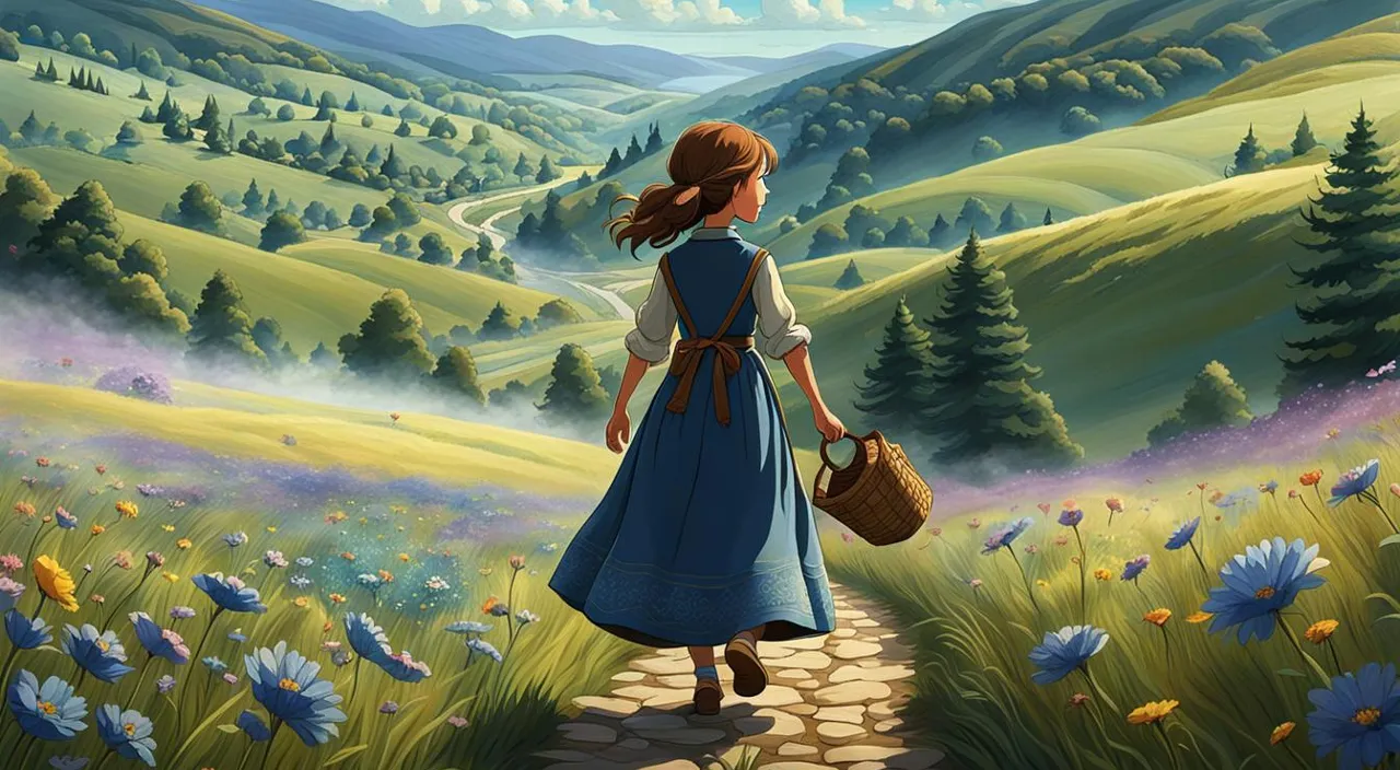 a painting of a girl walking down a path