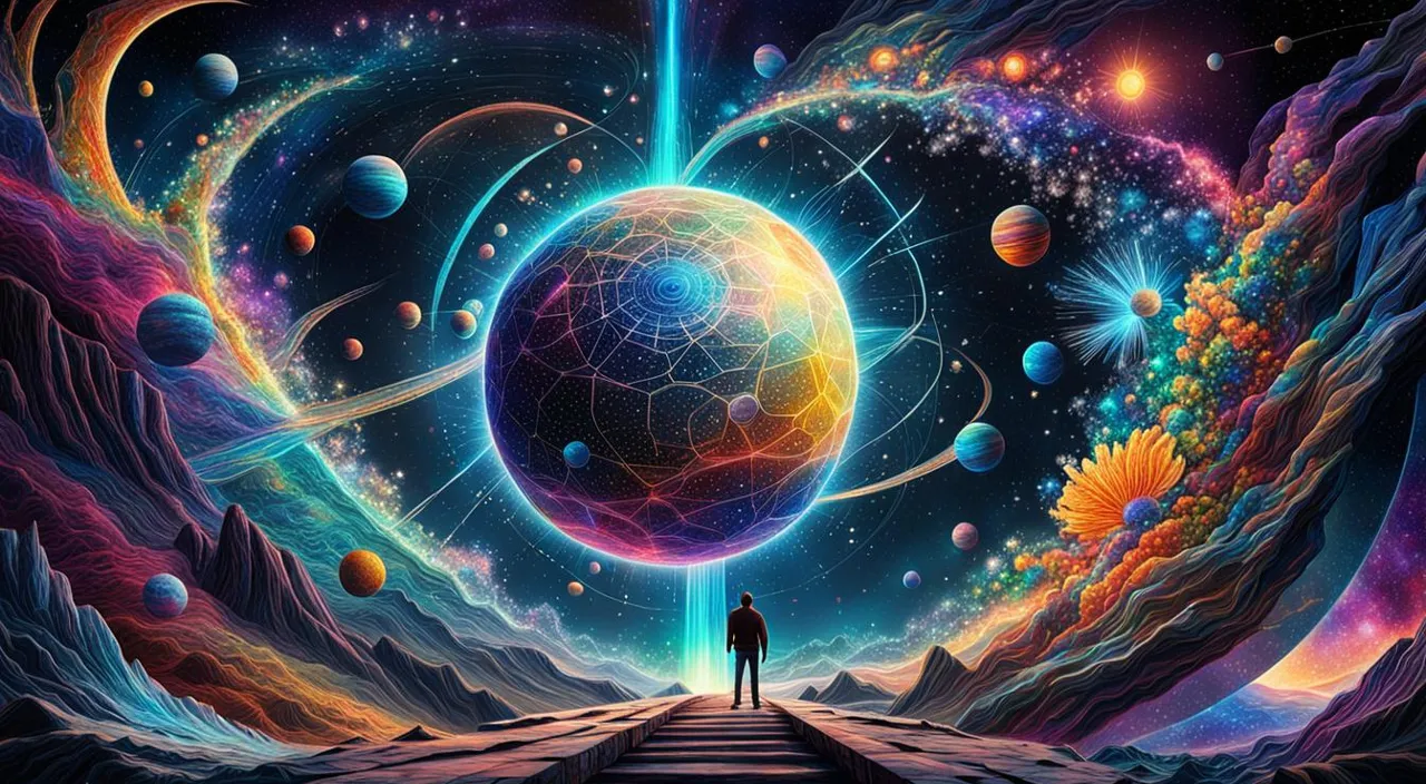 a painting of a man standing in front of a space filled with planets