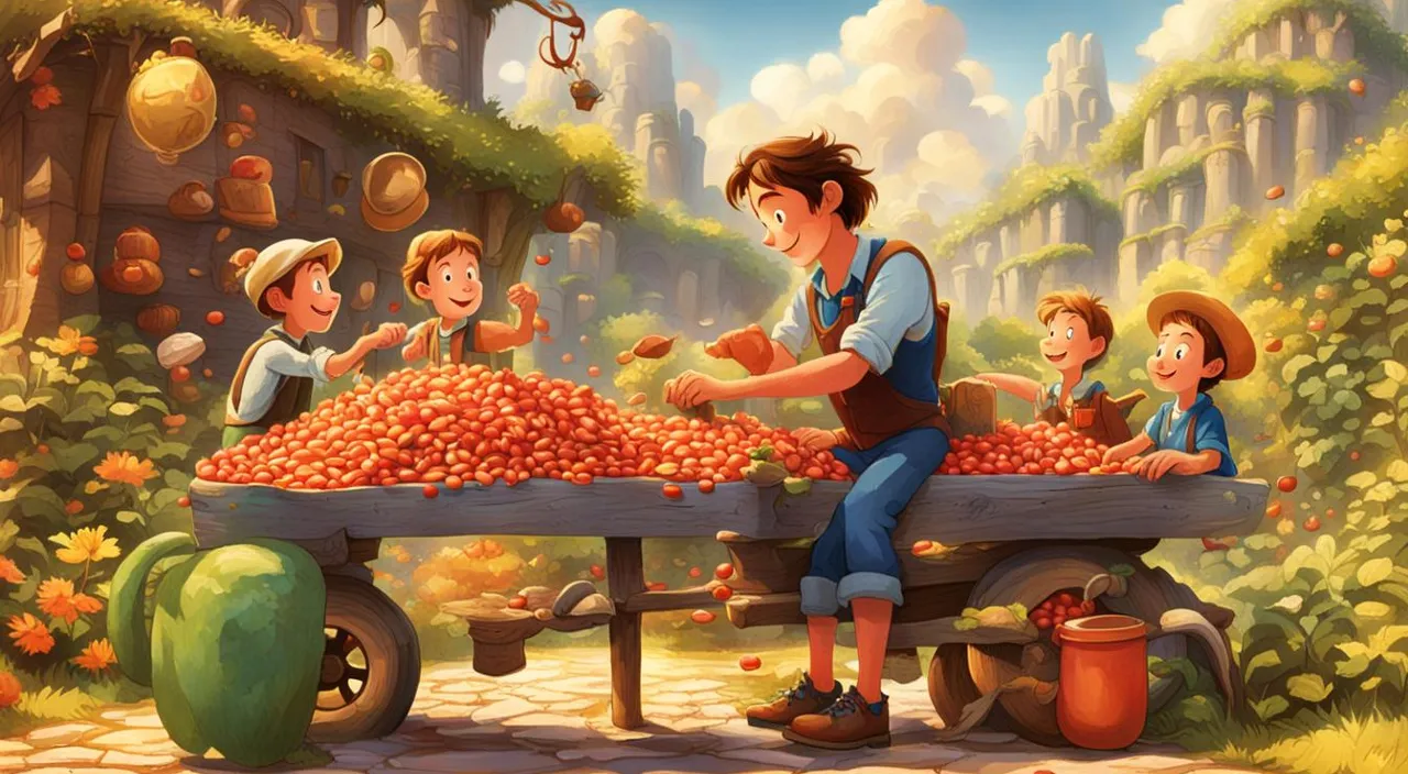 a painting of a man selling oranges to children