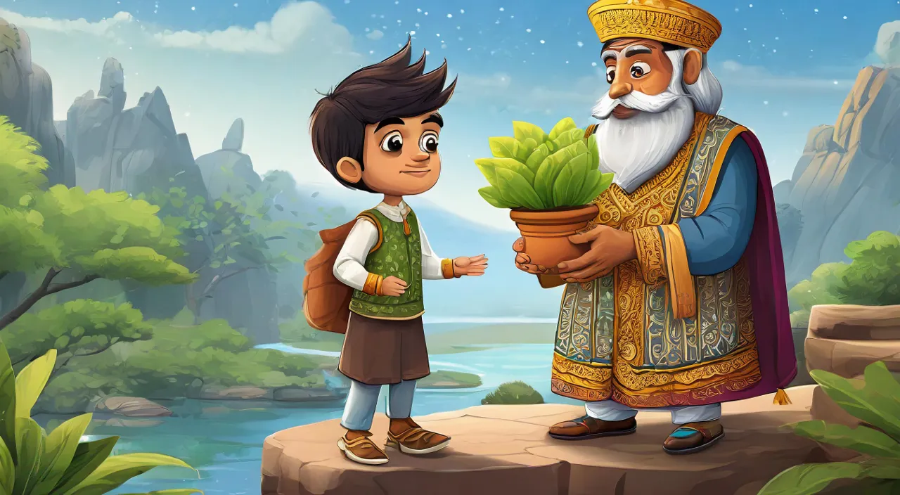 a boy giving a potted plant to an old man