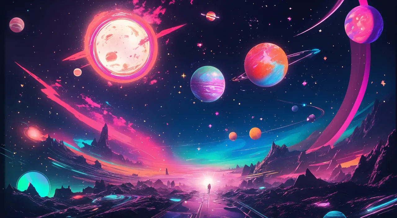 a painting of a space scene with planets