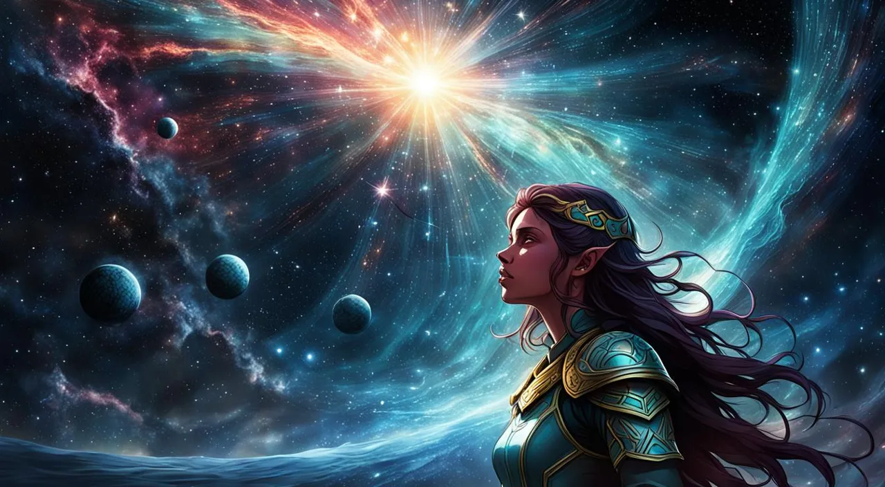 a painting of a woman in a space setting