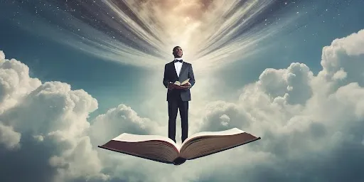 a bald black man in a suit standing on a flying open book 