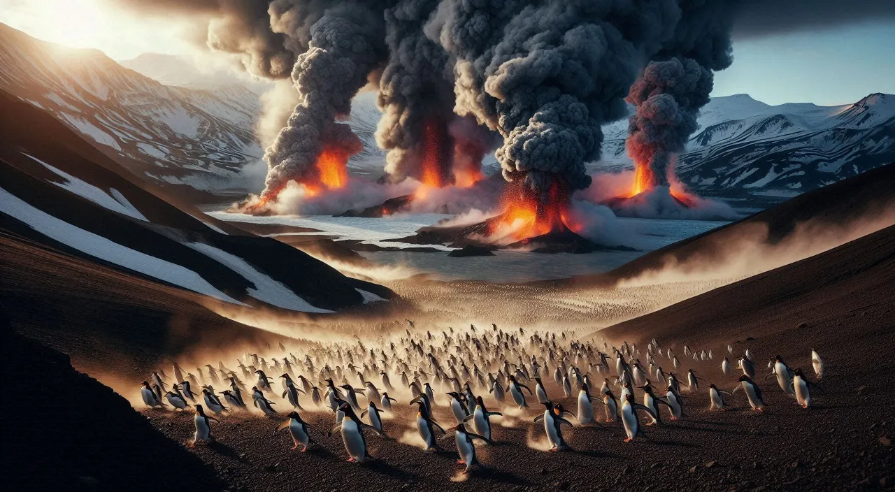 a large group of penguins standing in front of a volcano