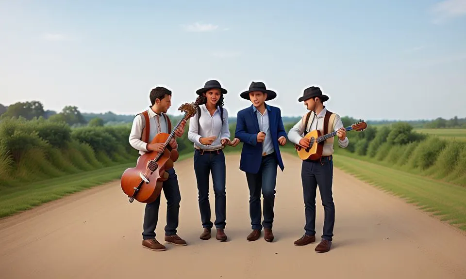 a group of men standing on top of a dirt road