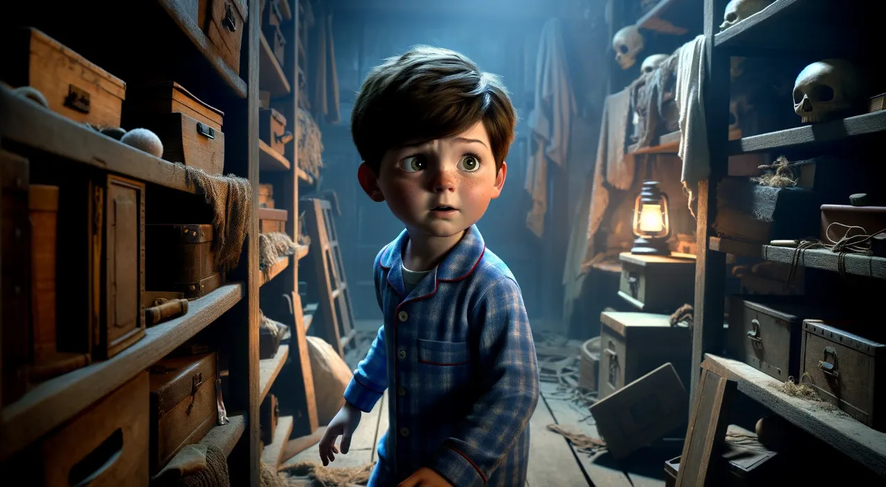 a young boy standing in a room filled with shelves