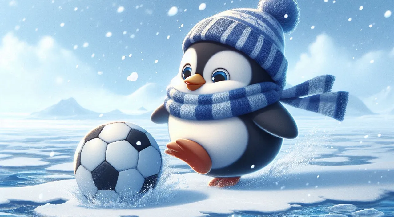 a penguin in a snow with a football