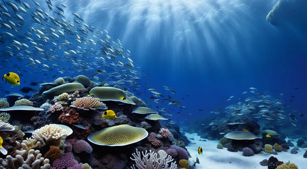 a large group of fish swimming over a coral reef