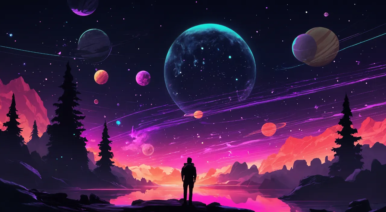 a man standing on a hill looking at planets