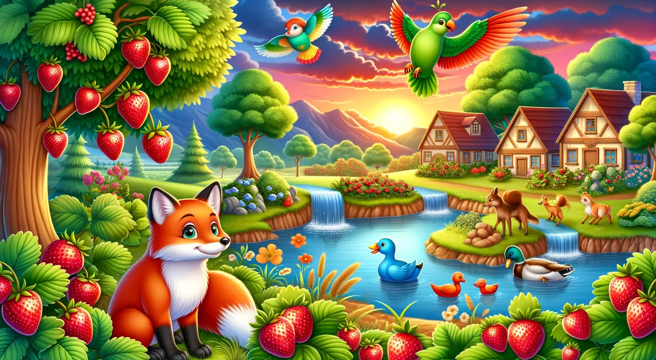 a painting of a fox and birds in a forest