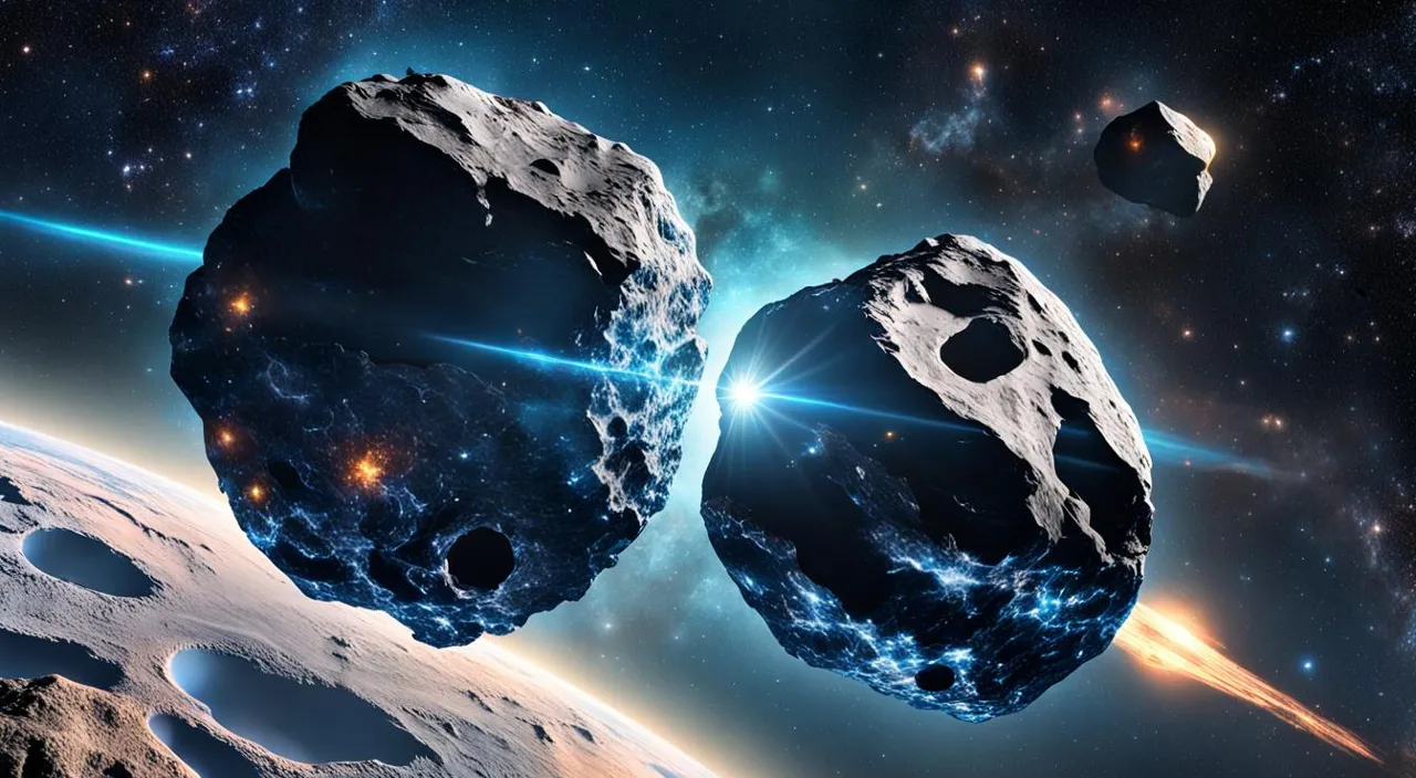 an artist's rendering of a pair of rocks in space