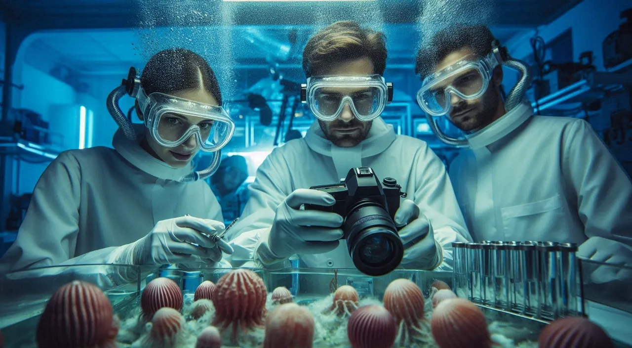 three men in white lab coats talking and looking at corals