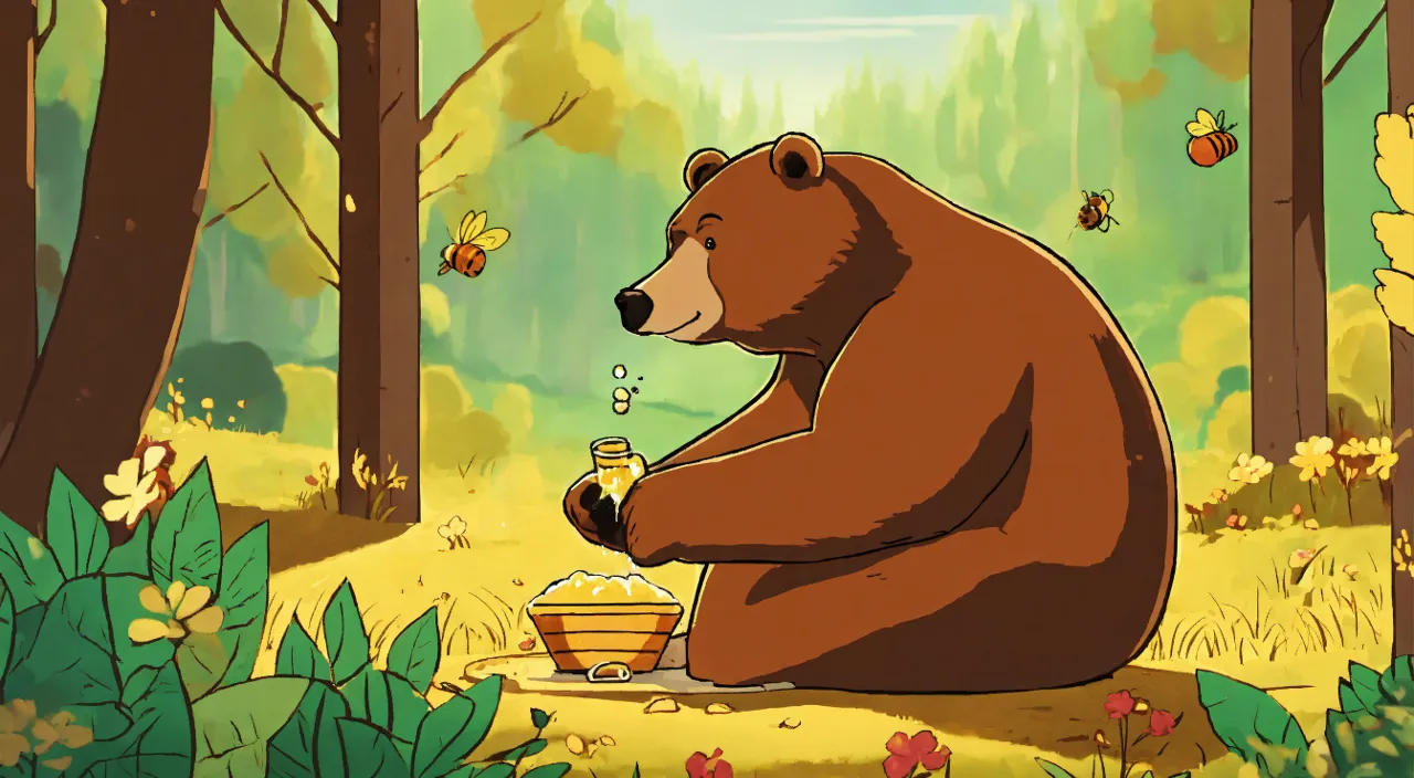 a brown bear sitting in a forest with a basket of honey 3d