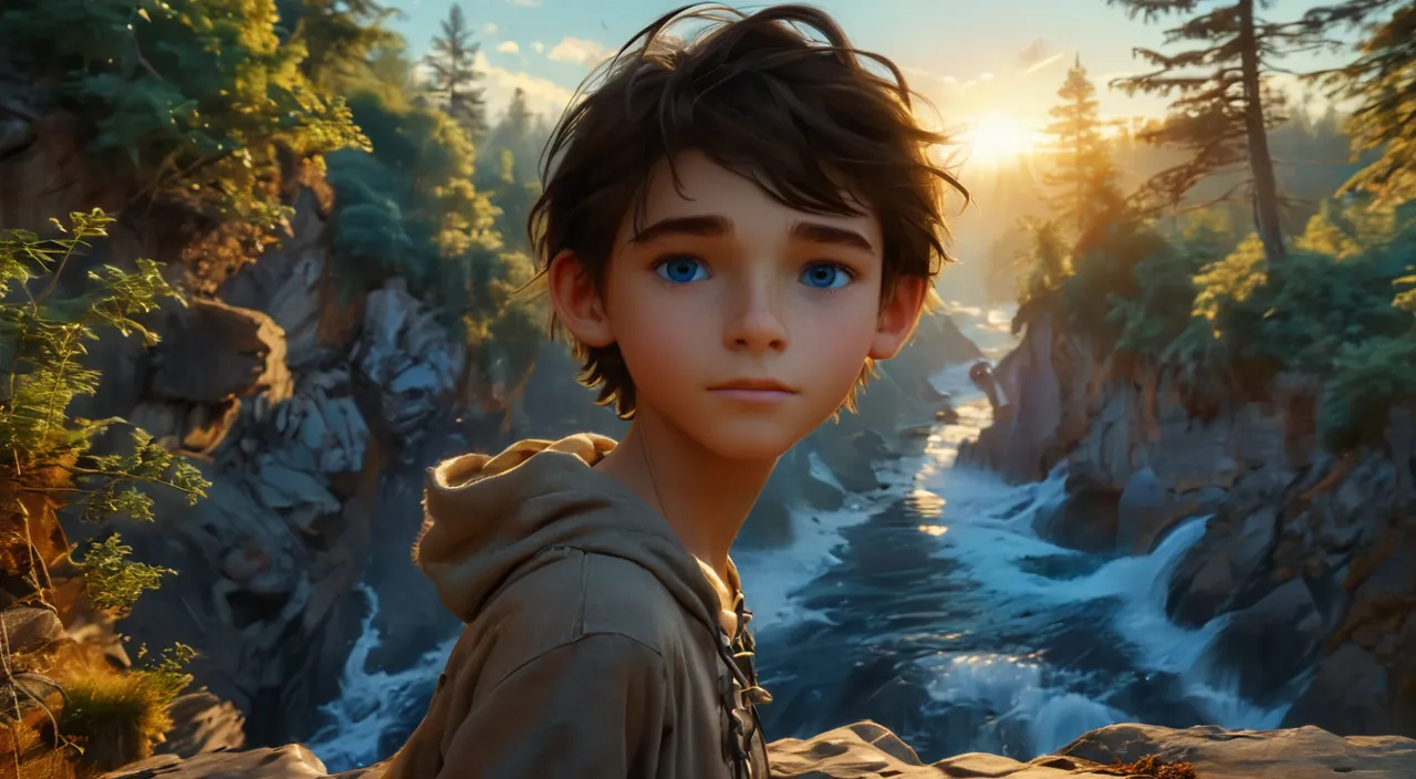 12-year-old boy Jack with messy brown hair and bright blue eyes standing on a cliff overlooking a dense mystical forest at sunset. 3d animation, Disney inspired