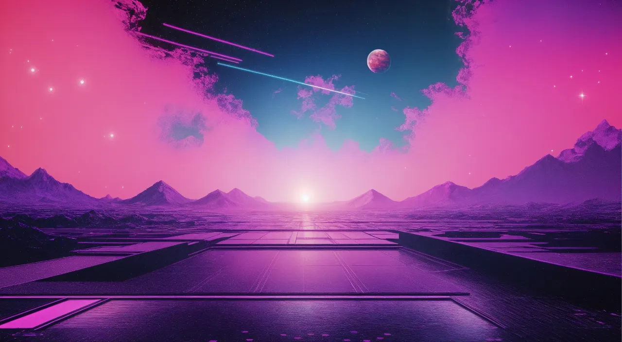 a futuristic landscape with mountains and planets in the background