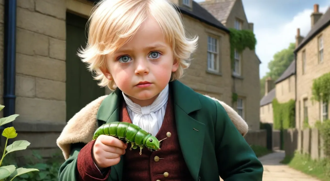 a little boy in a green coat holding a green caterpillar