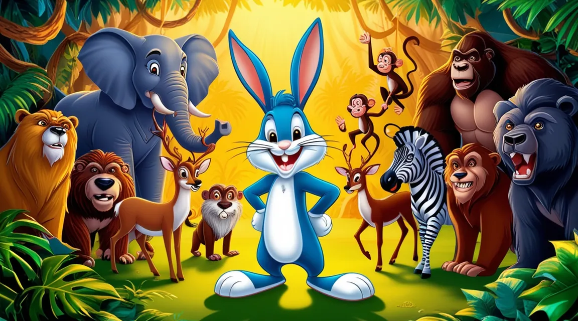 a cartoon rabbit surrounded by many different animals