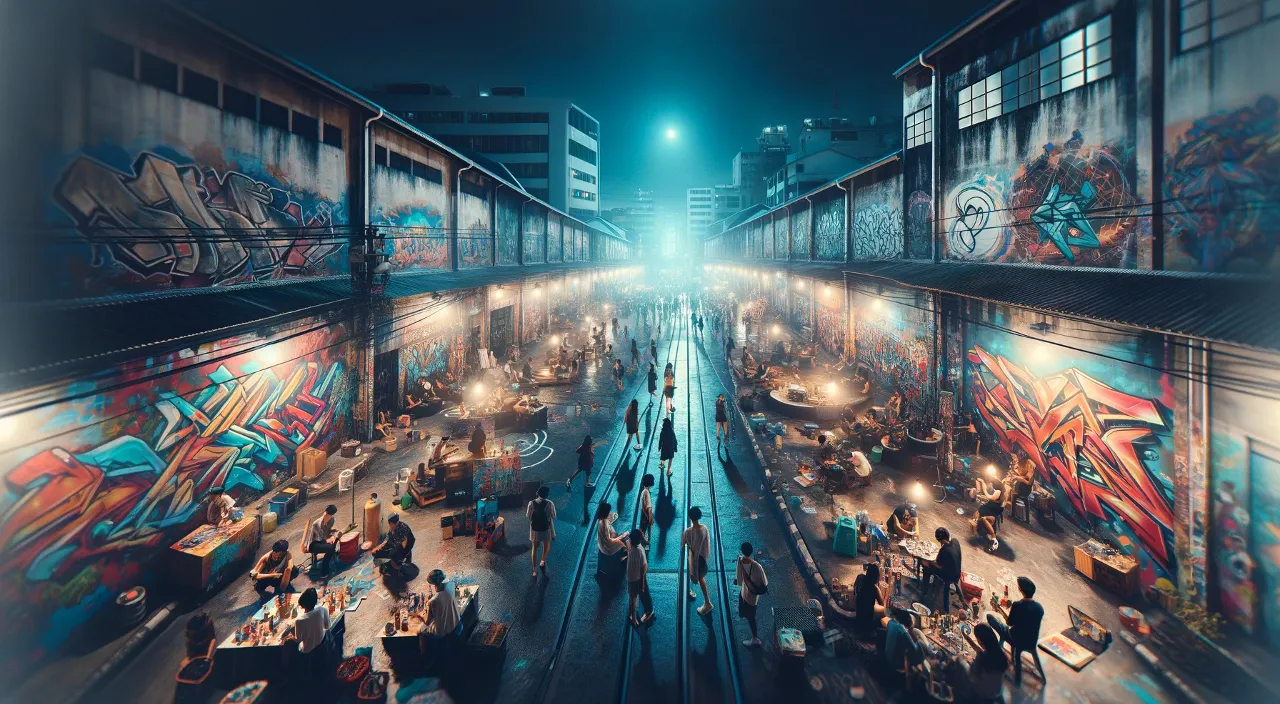 a panoramic view of a vibrant street art alley at night, with people engaged in various activities such as painting graffiti, playing music, and socializing