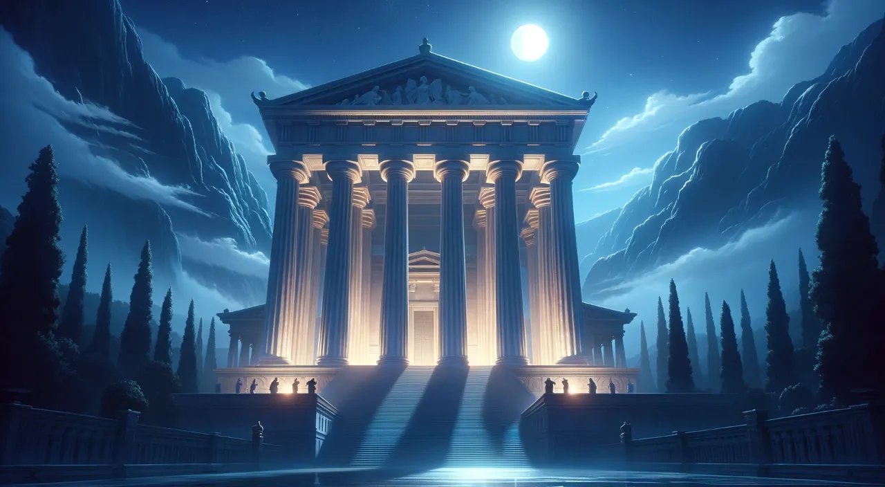 Very exquisite, very high quality, 32k, dreamy and beautiful Japanese animation "Saint Seiya" style.

Time changes from night to day in a Greek temple.