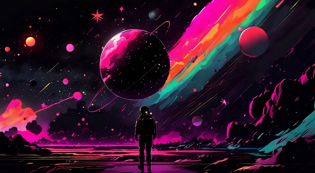 a person standing in front of a space filled with planets