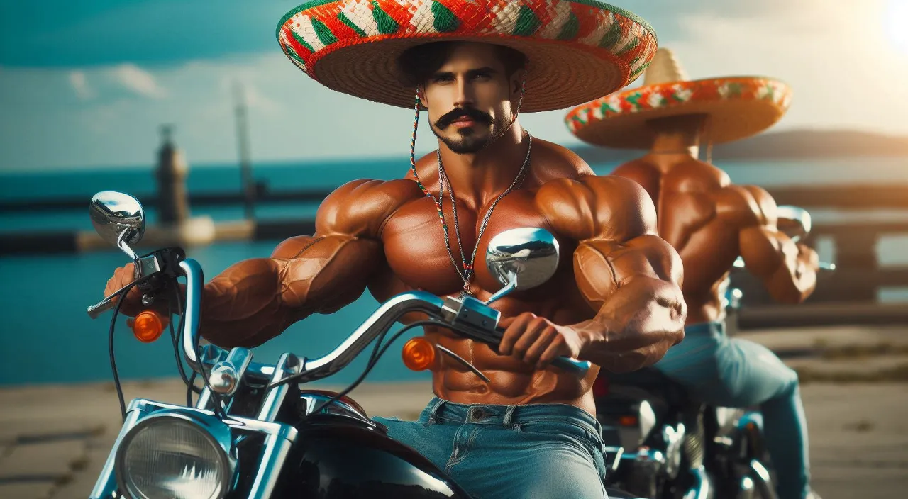 a man on a motorcycle wearing a sombrero