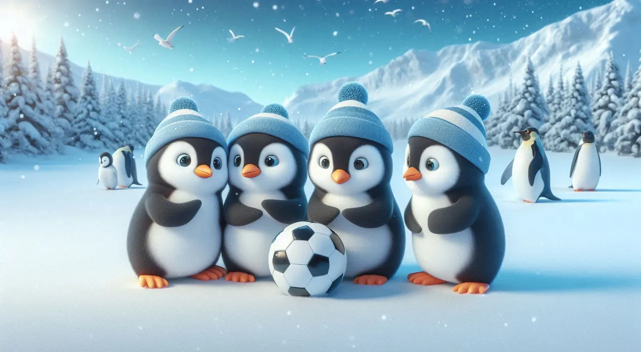 a group of penguins standing next to a soccer ball