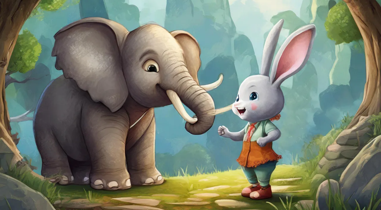 an elephant and a rabbit standing in a forest