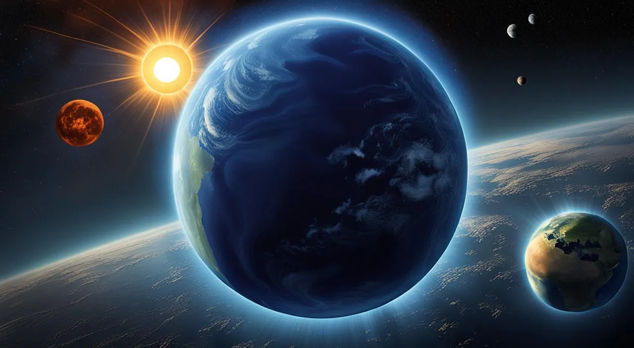 an artist's rendering of a solar system with earth and sun in the background