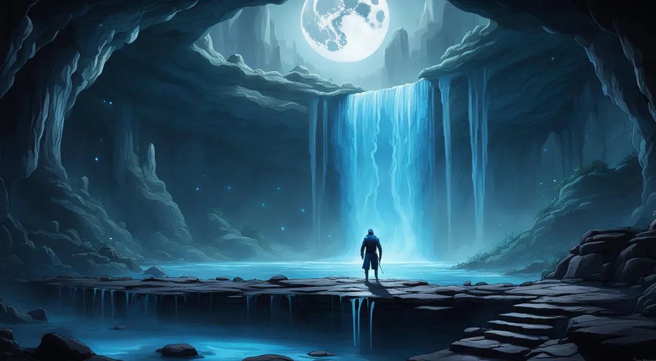 a man standing in front of a waterfall under a full moon