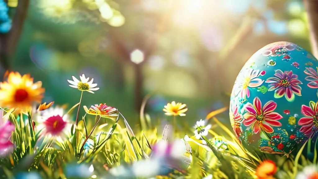 an easter egg sitting in the grass with daisies