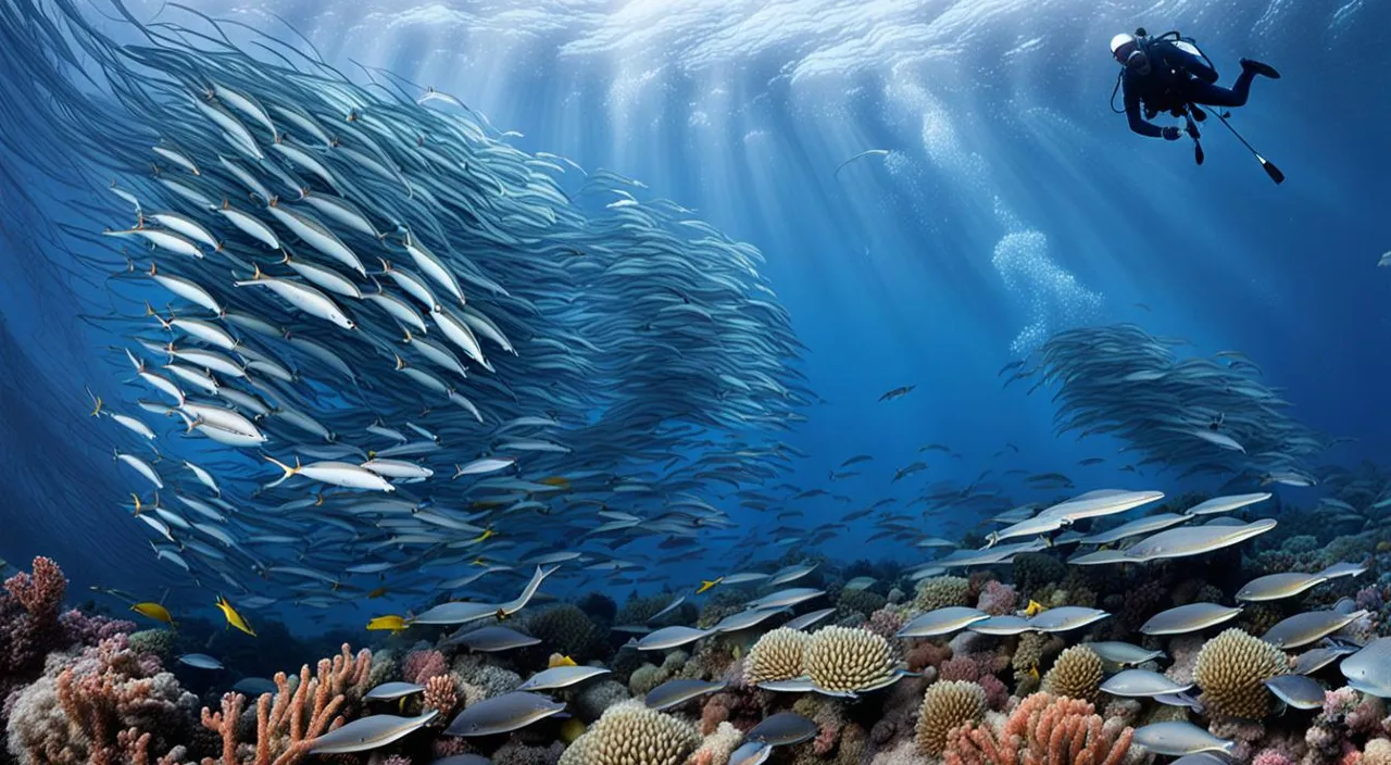 a large school of fish swimming over a coral reef