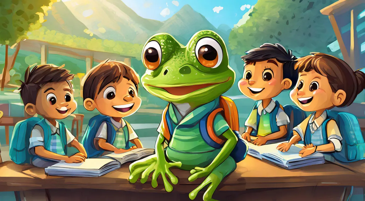 a group of children sitting at a table with a frog