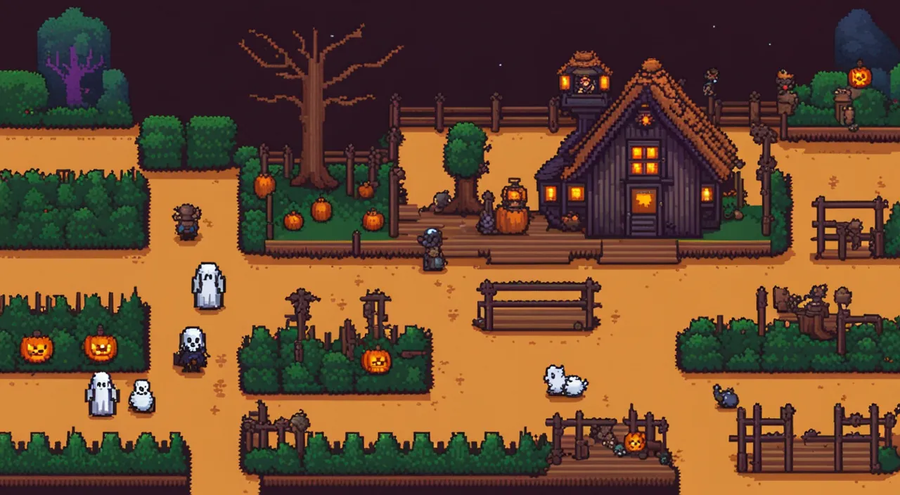 an RPG pixel halloween village game