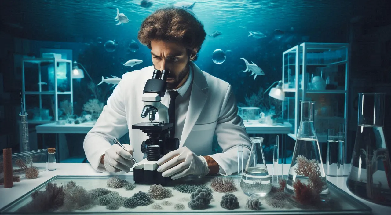 a man in a white suit looking through a microscope