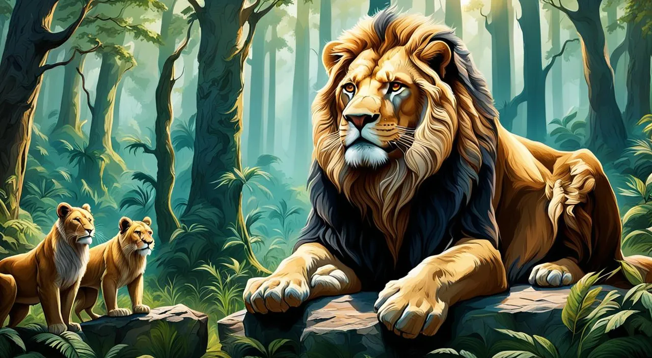 a painting of a lion and two cubs in a forest