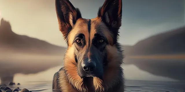 a german shepherd is sitting in the water