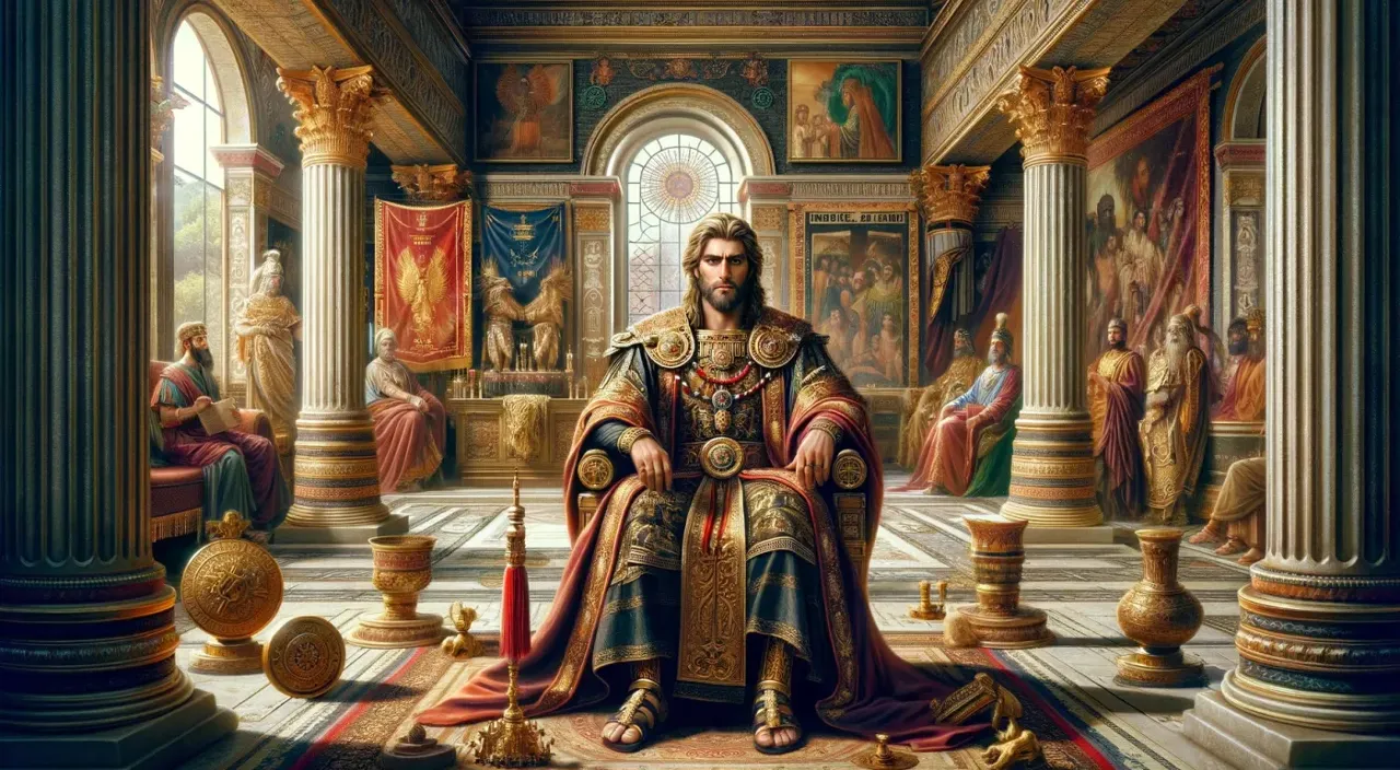 a painting of a man sitting in a throne