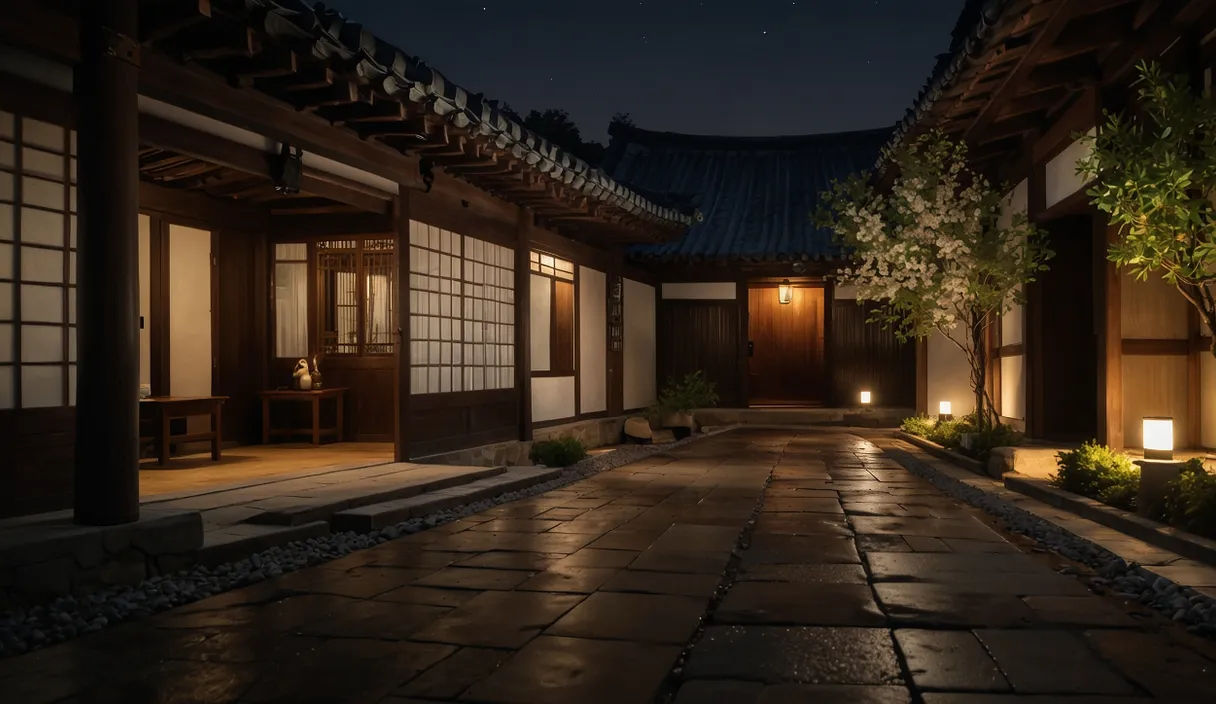 a dimly lit courtyard at night with lights on