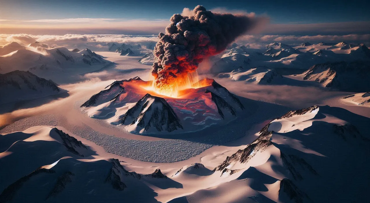 a volcano spewing out lava into the sky in snow hills